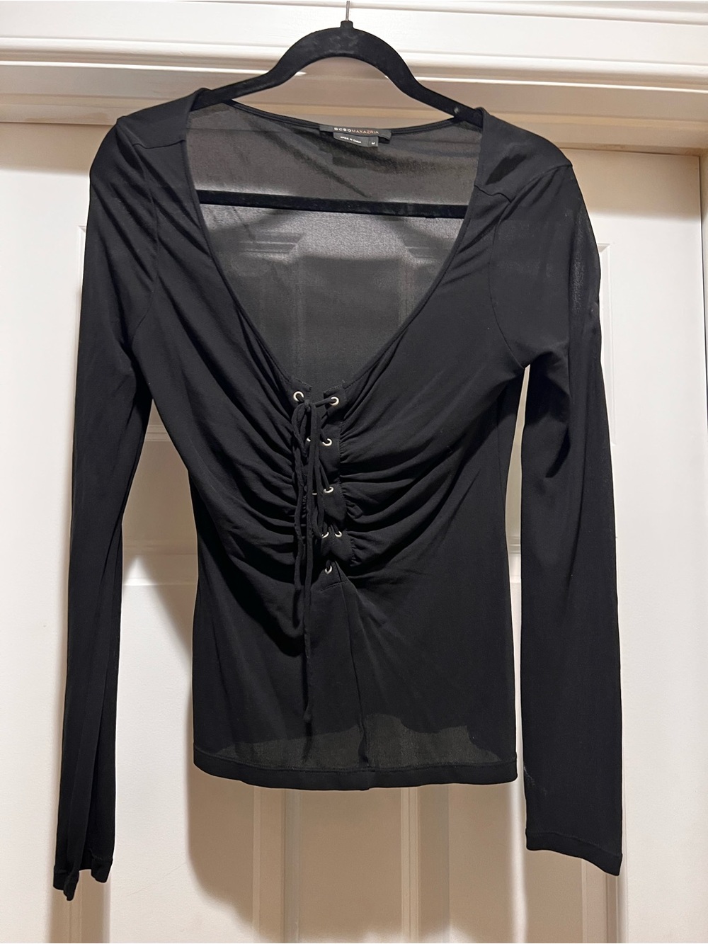 BCBG Black Lace-Up Ruched Long-Sleeve Top - Women